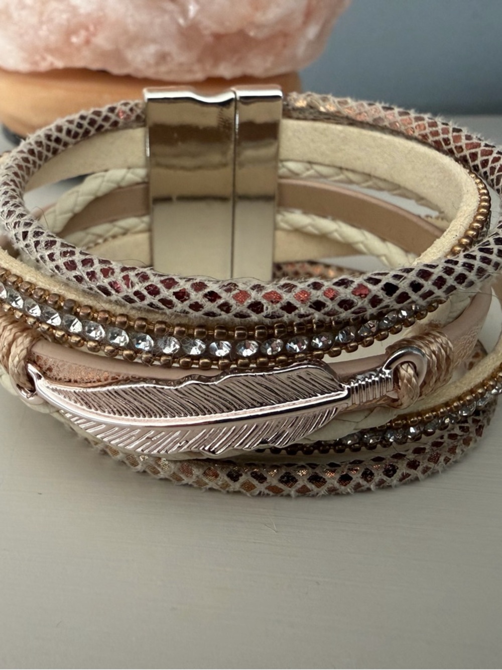 Multi-Strand Beige & Rose Gold Feather Wrap Bracelet